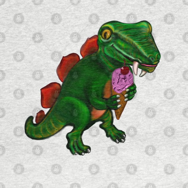 Dinosaur with ice cream  - green and orange dinosaur with sharp teeth fangs enjoying an ice cream treat with. Cherry on top by Artonmytee